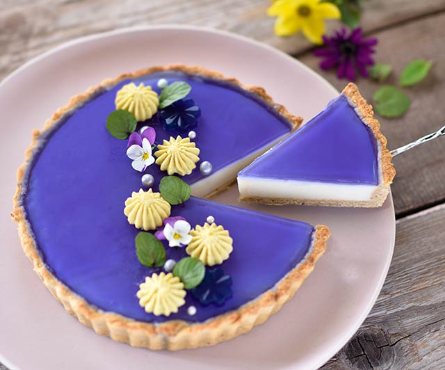 Butterfly-Pea-Tea-Tarte mit tropischer Füllung und Mango-Cashew-Creme